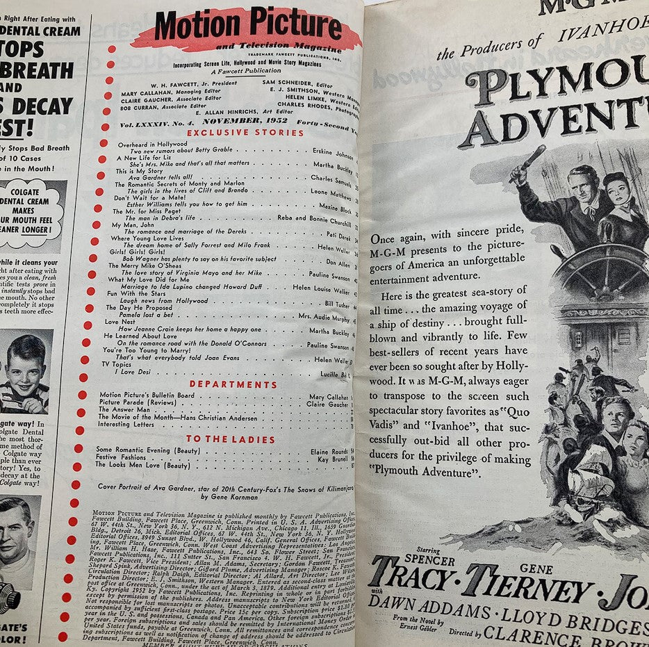 Inside page of the November 1952 Motion Picture Magazine, listing exclusive stories and features, highlighting the essence of early 1950s cinema.