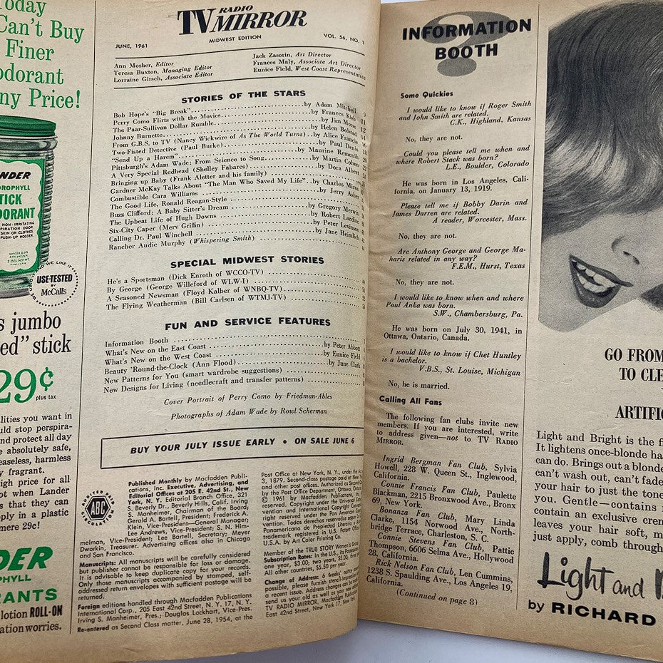 Interior pages of the June 1961 Vintage TV Radio Mirror Magazine, Volume 56, Issue #1, displaying articles and features related to popular stars and TV shows of the era.