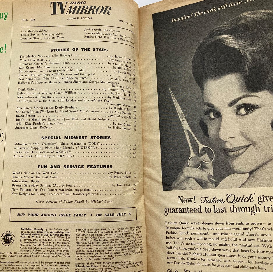 Inside page of VTG TV Radio Mirror Magazine July 1961 featuring articles and a cover portrait of Bobby Rydell, showcasing vintage pop culture and television history.
