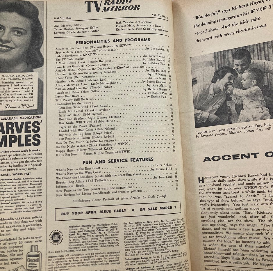 Inside page of VTG TV Radio Mirror Magazine March 1960 showcasing articles and programs with a layout typical of vintage magazines from the era.