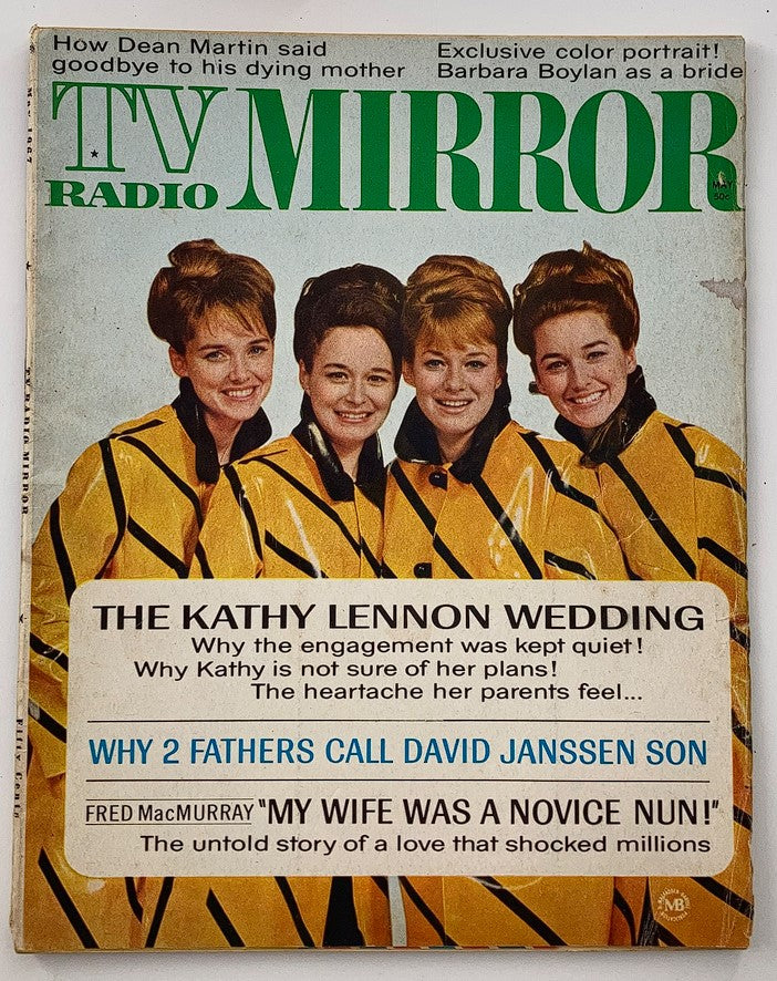 VTG TV Radio Mirror Magazine May 1967 featuring the Lennon Sisters on the cover, showcasing their vintage fashion with a yellow and black striped theme, reflective of 1960s pop culture.