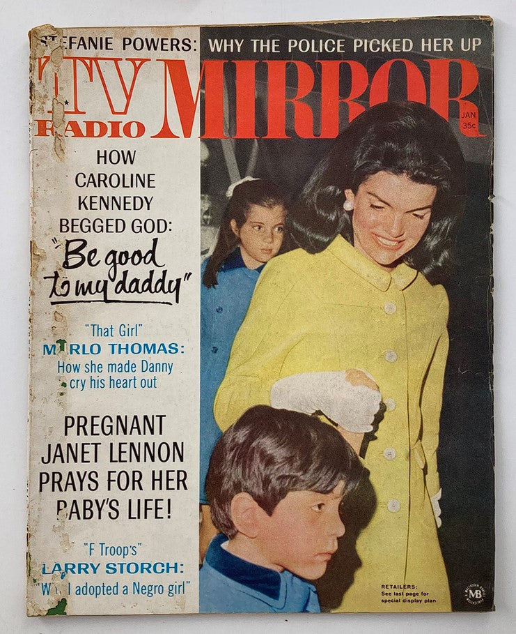 Vintage TV Radio Mirror Magazine from January 1967 featuring Jacqueline Kennedy on the cover, showcasing the headlines and articles of that era.