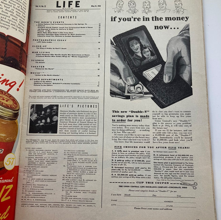 Inside page of VTG Life Magazine May 31 1943 featuring contents list and advertisements, capturing the essence of the era during World War II.