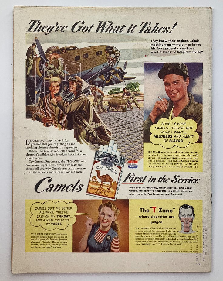 Back cover of VTG Life Magazine May 31 1943 showcasing a vintage advertisement for Camel cigarettes with soldiers and planes, highlighting wartime culture.