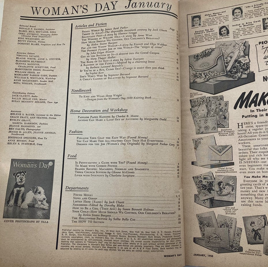 Inside page of VTG Woman's Day Magazine January 1950 showcasing the table of contents and articles, reflecting mid-century home, fashion, and lifestyle trends.