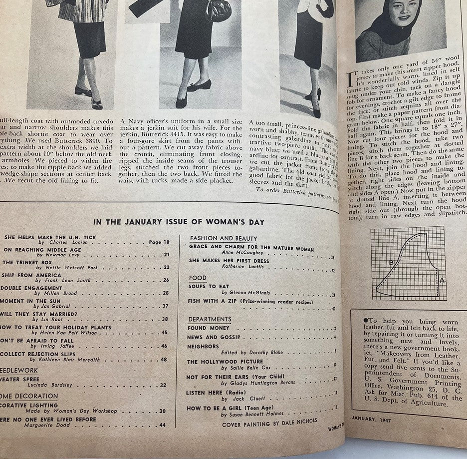 Interior page of VTG Woman's Day Magazine January 1947 showcasing articles about fashion, beauty, and home decor, including a content list.
