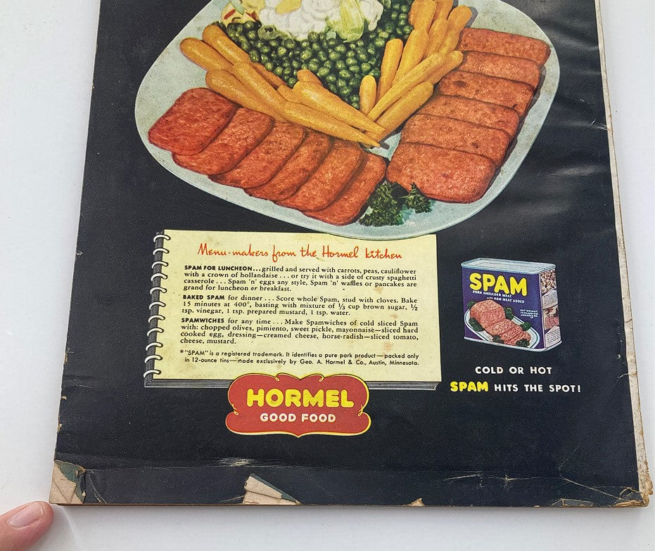 Vintage Woman's Day Magazine May 1947 featuring a colorful advertisement for Hormel Spam, showcasing prepared dishes with vegetables.