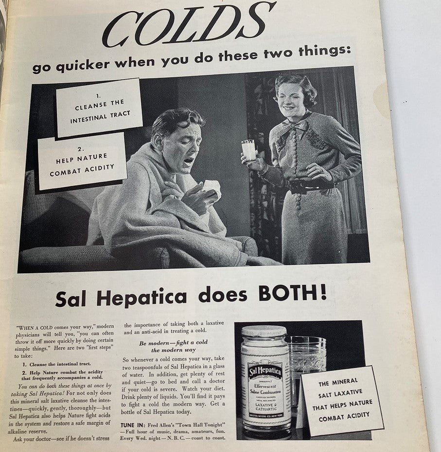 Vintage Life Magazine December 14 1936 featuring an advertisement for Sal Hepatica, showcasing a man with a cold and a woman holding a product, highlighting health tips.