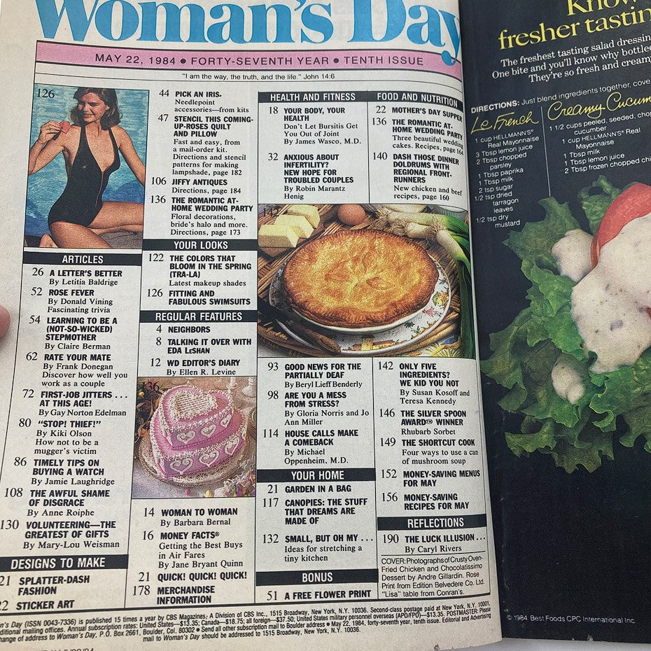 Inside page of the VTG Woman's Day Magazine, May 22, 1984, showcasing the table of contents and featured articles such as health, nutrition, and recipes.