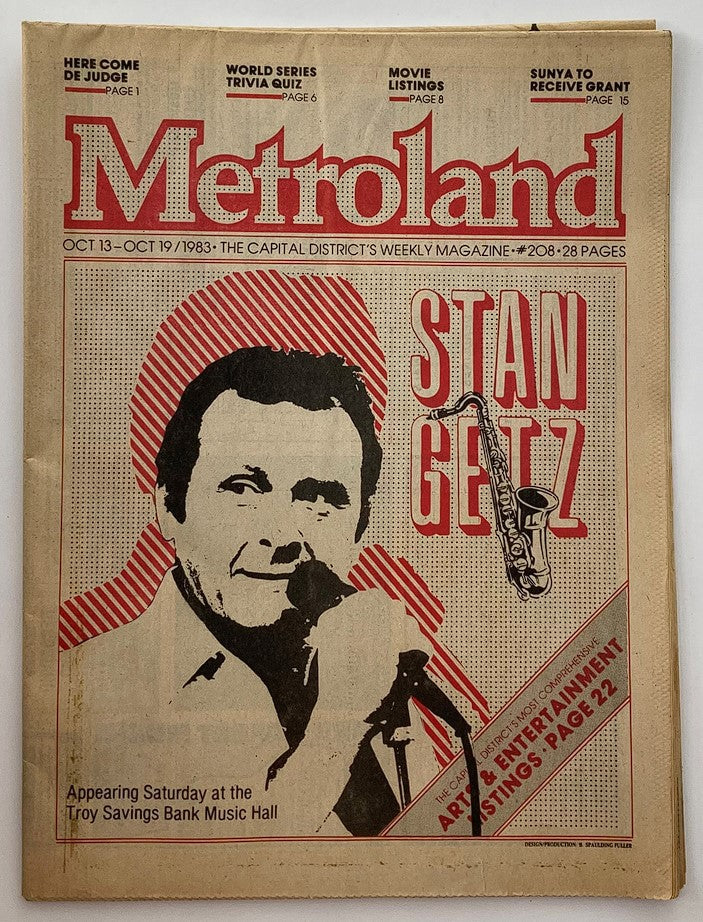 Vintage Metroland Newspaper from October 13, 1983, featuring Stan Getz on the cover, promoting a performance at the Troy Bank Music Hall.