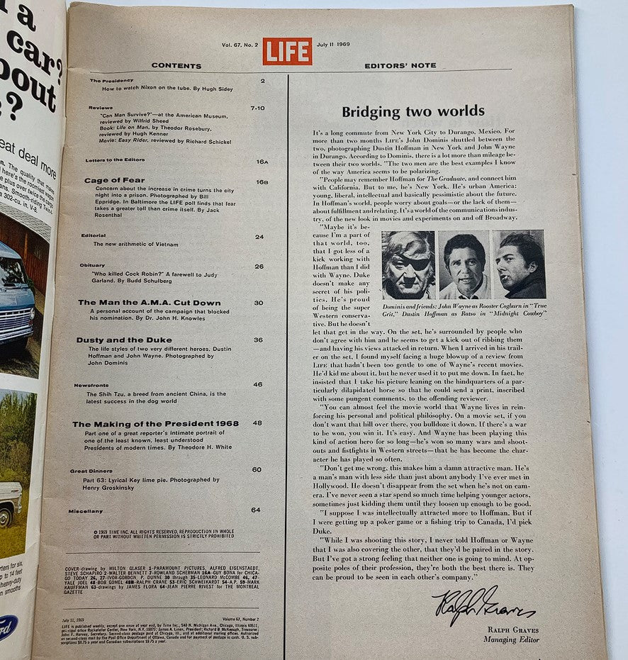 Inside page of the VTG Life Magazine July 11 1969, displaying the table of contents with articles including 'Dusty and the Duke' featuring Dustin Hoffman and John Wayne.