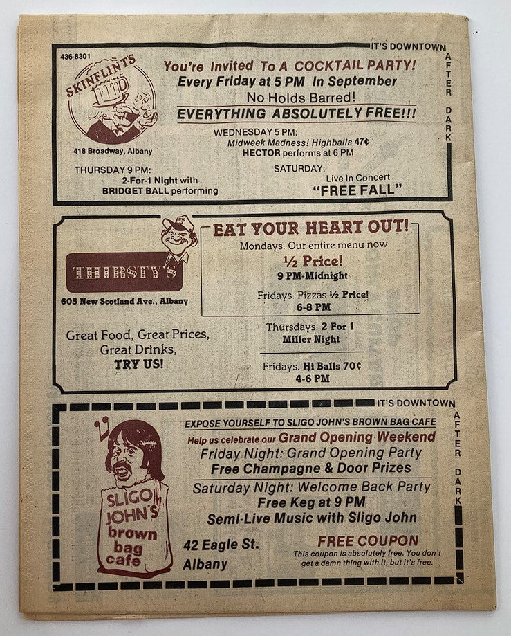 Back cover of the VTG Metroland Newspaper September 9 1982 #151 featuring advertisements for local businesses including Skinflint's and Threesy's, promoting cocktail parties and food deals.