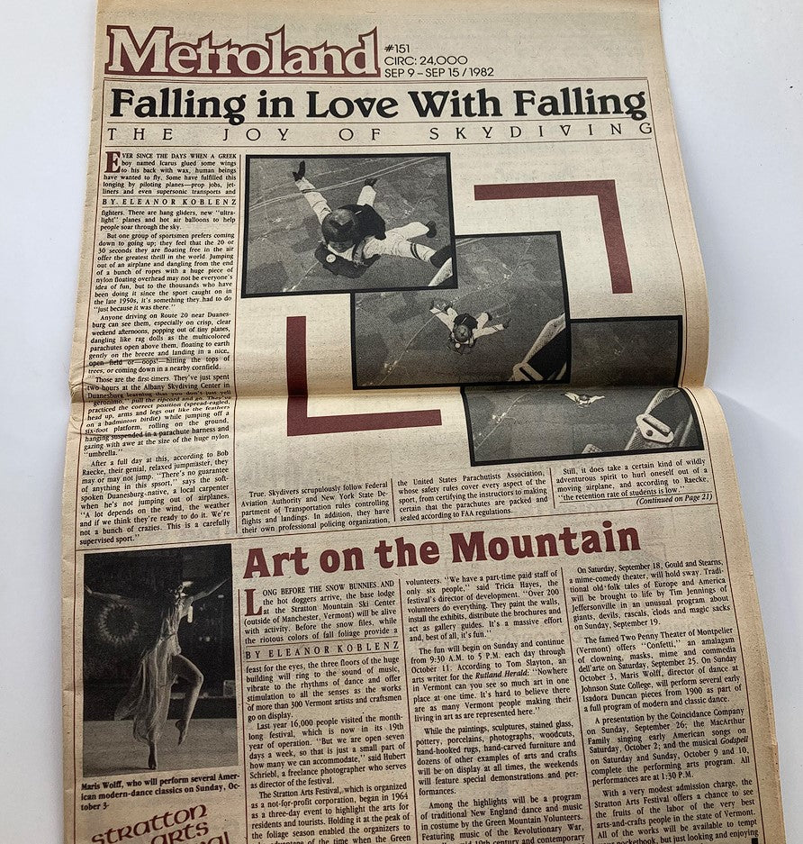 VTG Metroland Newspaper September 9 1982 #151 featuring the article 'Falling in Love With Falling - The Joy of Skydiving', showcasing images and text related to skydiving.