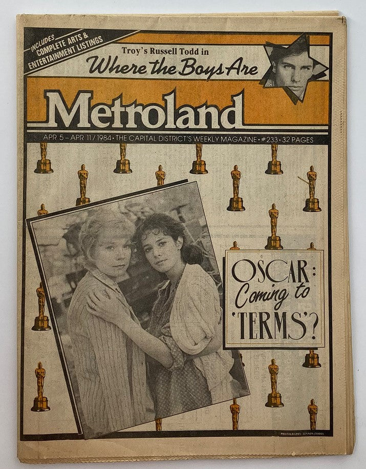 VTG Metroland Newspaper April 5 1984 #233 featuring article 'Oscar: Coming to Terms?' with image of a young couple on the cover, surrounded by Oscar statuettes.