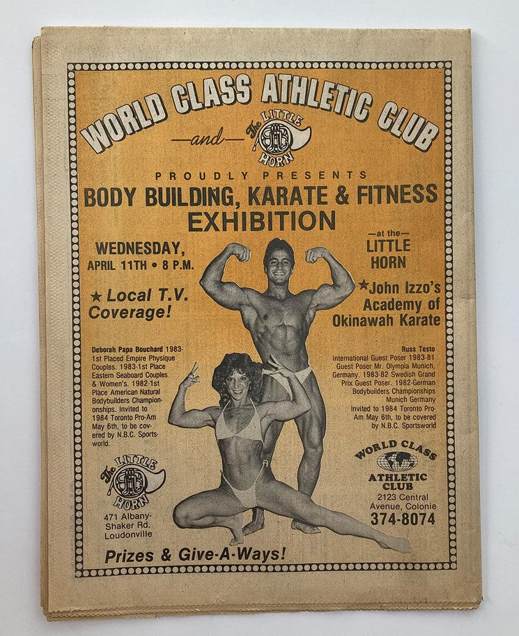 VTG Metroland Newspaper April 11 1984 promoting World Class Athletic Club Body Building, Karate & Fitness Exhibition with images of a male and female bodybuilder.