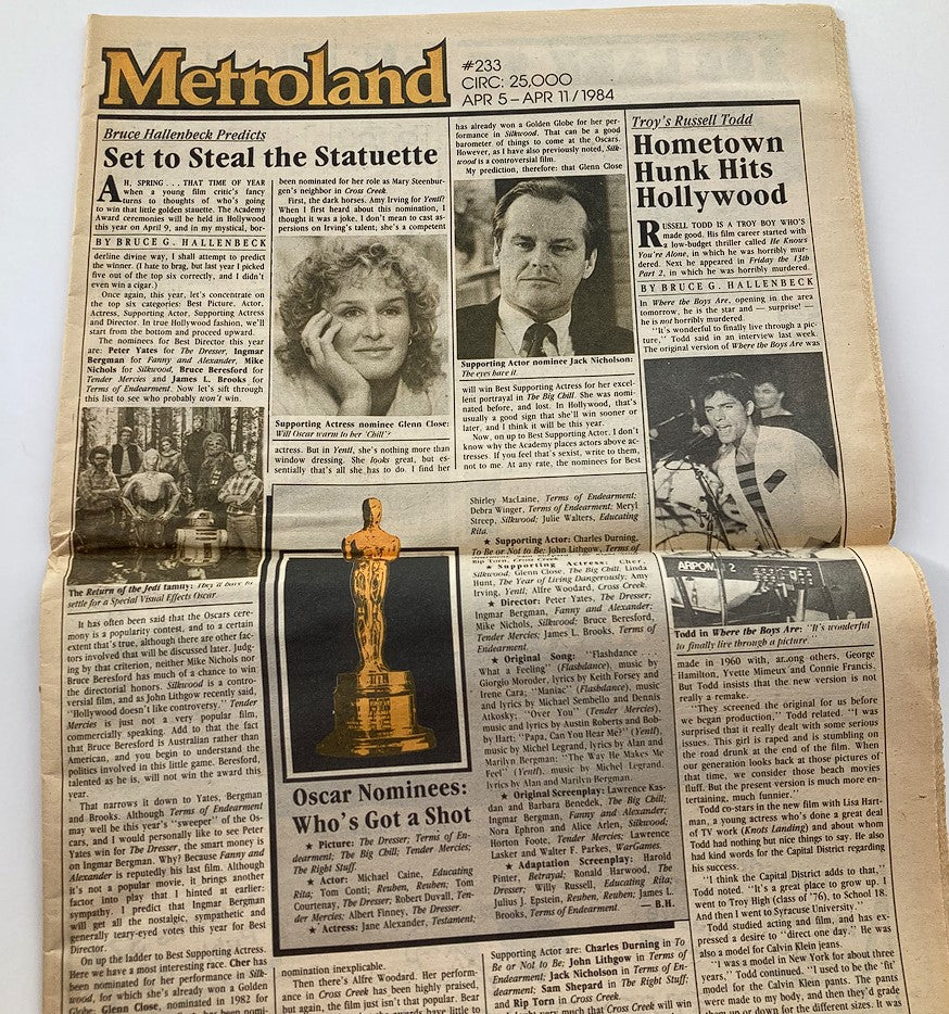 VTG Metroland Newspaper April 5 1984 #233 featuring articles about Glenn Close and Jack Nicholson, along with Oscar details and Hollywood news.