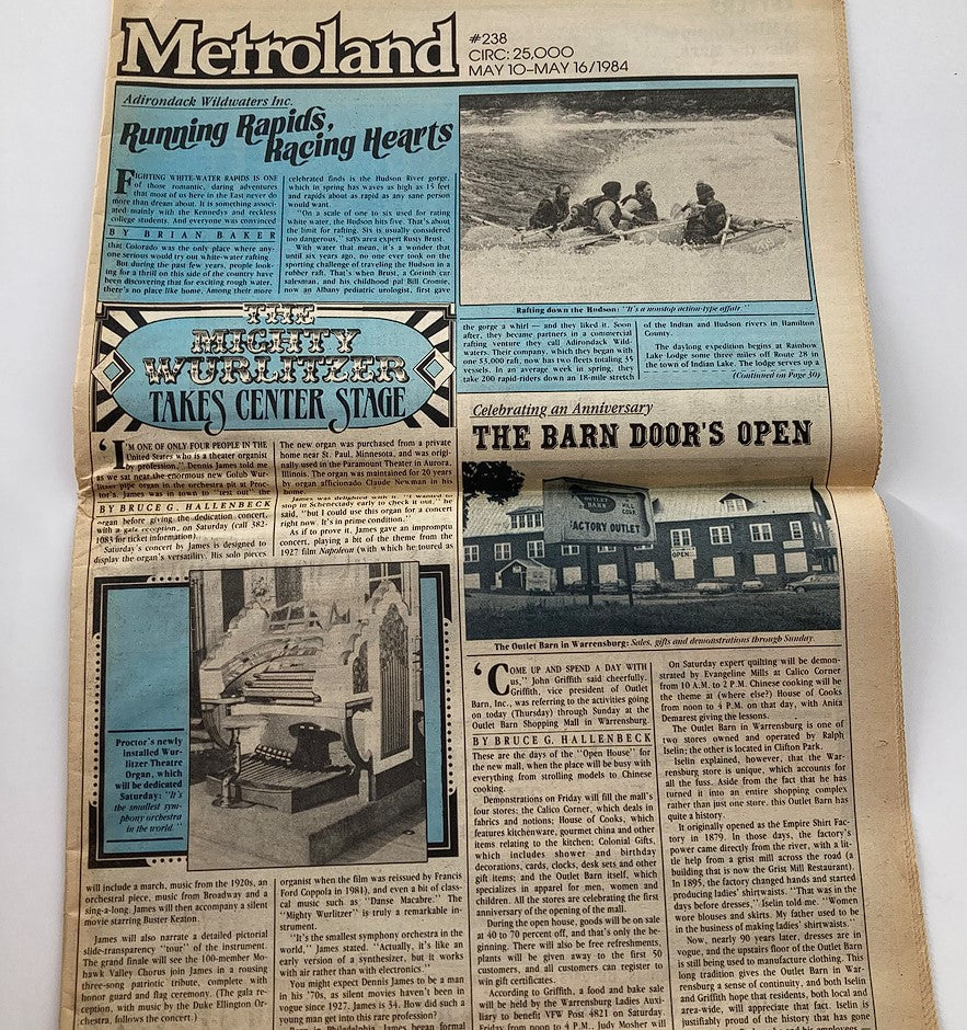 Inside page of VTG Metroland Newspaper from May 10, 1984, showcasing articles including "Running Rapids, Racing Hearts" and local events.