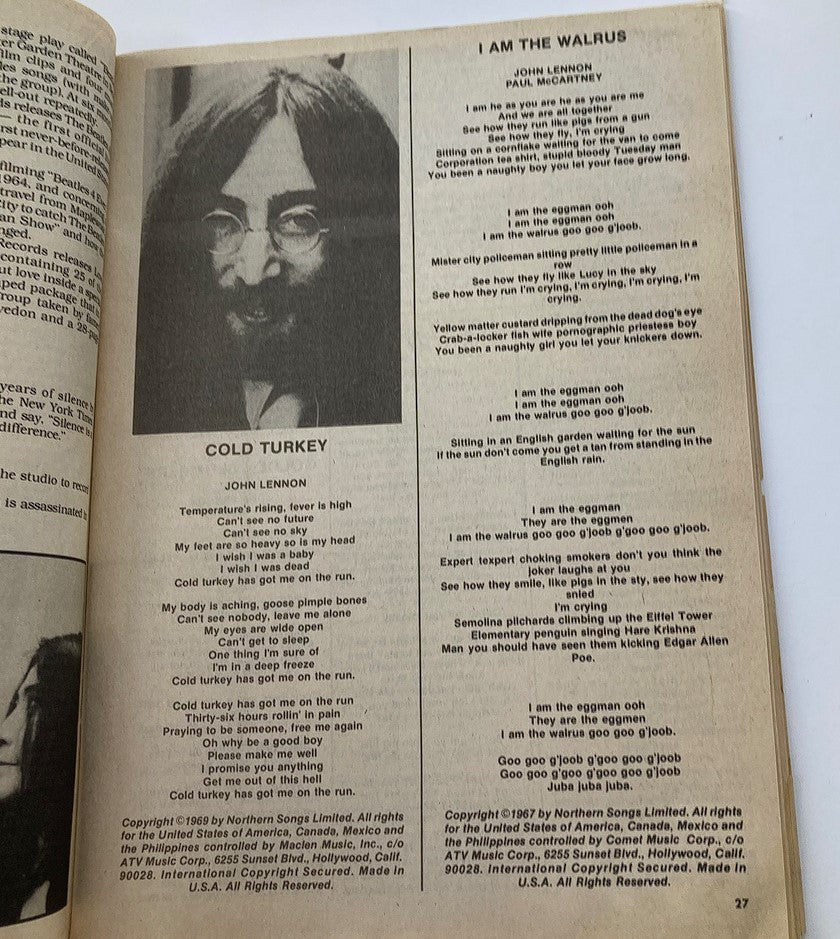 Inside page of '1981 Song Hits' Tribute to John Lennon featuring lyrics for 'I Am the Walrus' and an image of John Lennon.