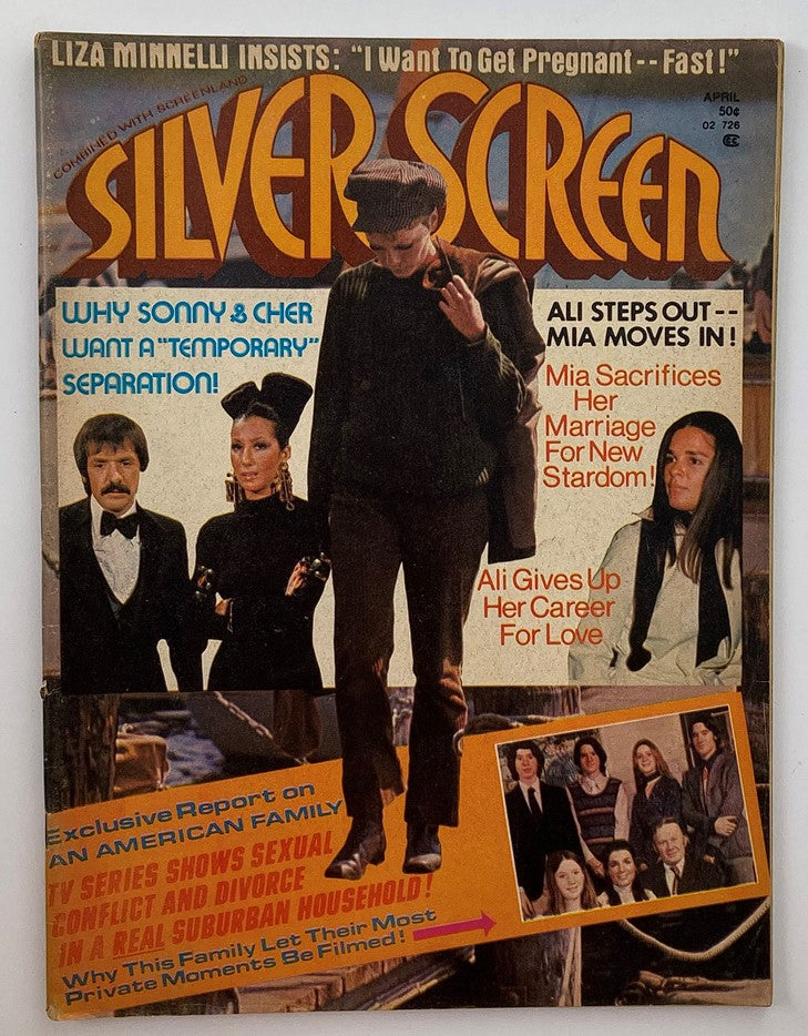 VTG Silver Screen Magazine April 1973 Volume 43 Issue 4 cover featuring iconic duo Sonny and Cher, highlighting entertainment stories and cultural insights from the 1970s.