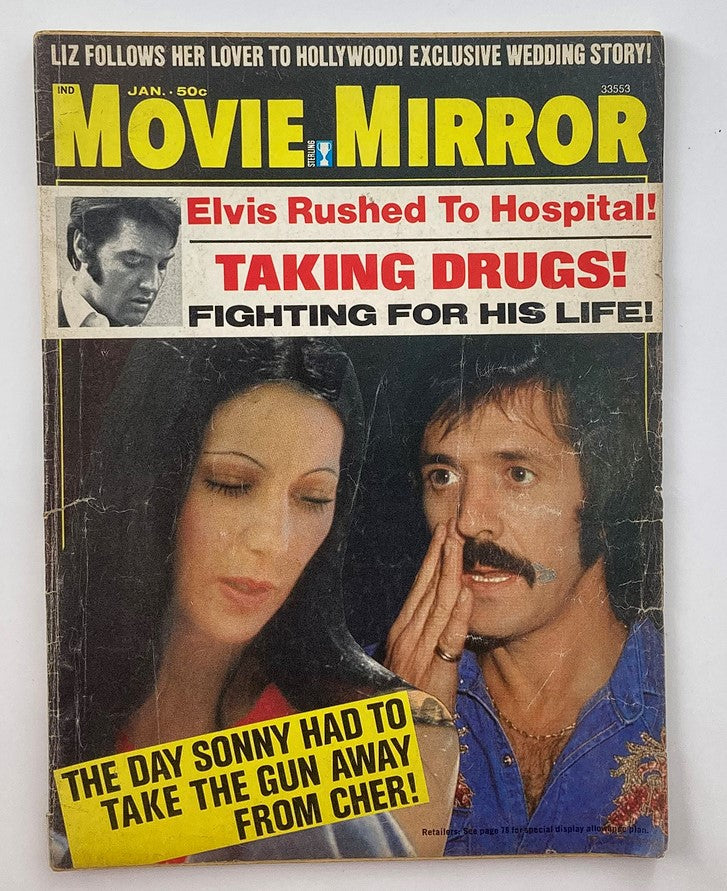 Vintage Movie Mirror magazine from January 1974 featuring Sonny & Cher and Elvis Presley. The cover highlights dramatic headlines including Elvis's hospitalization and a story about Sonny taking a gun from Cher.