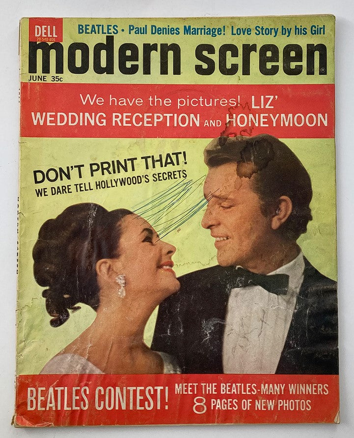 VTG Modern Screen Magazine June 1964 featuring Liz Taylor and Richard Burton on the cover, showcasing a romantic moment between the famous couple. The magazine includes headlines about their wedding reception and honeymoon.