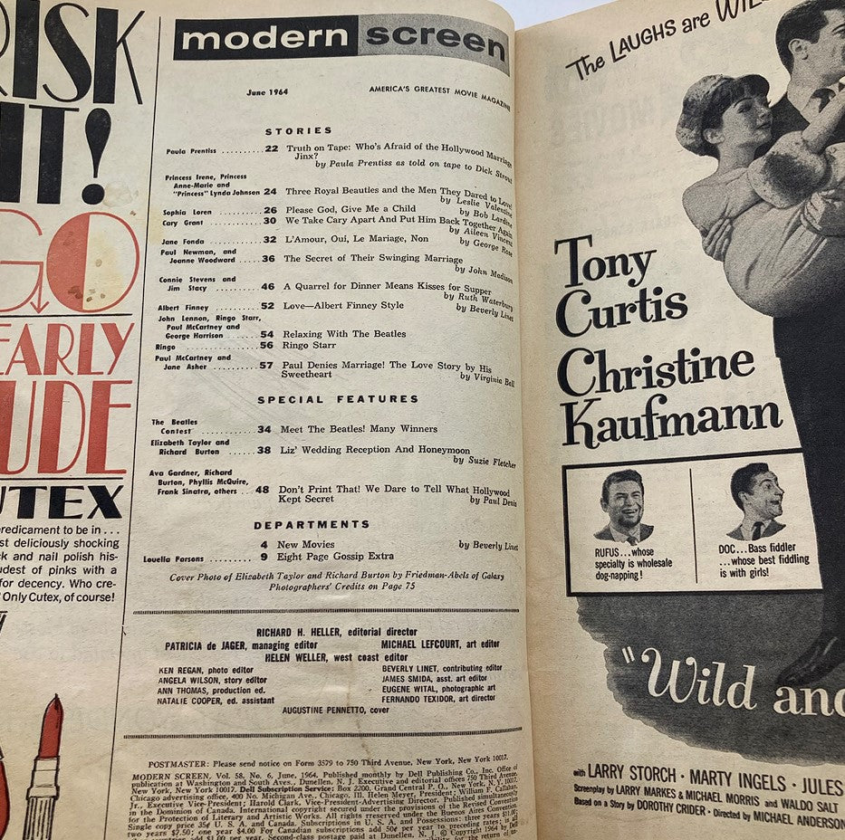 Table of contents from the VTG Modern Screen Magazine June 1964, highlighting featured stories and sections, immersing readers in classic film history.