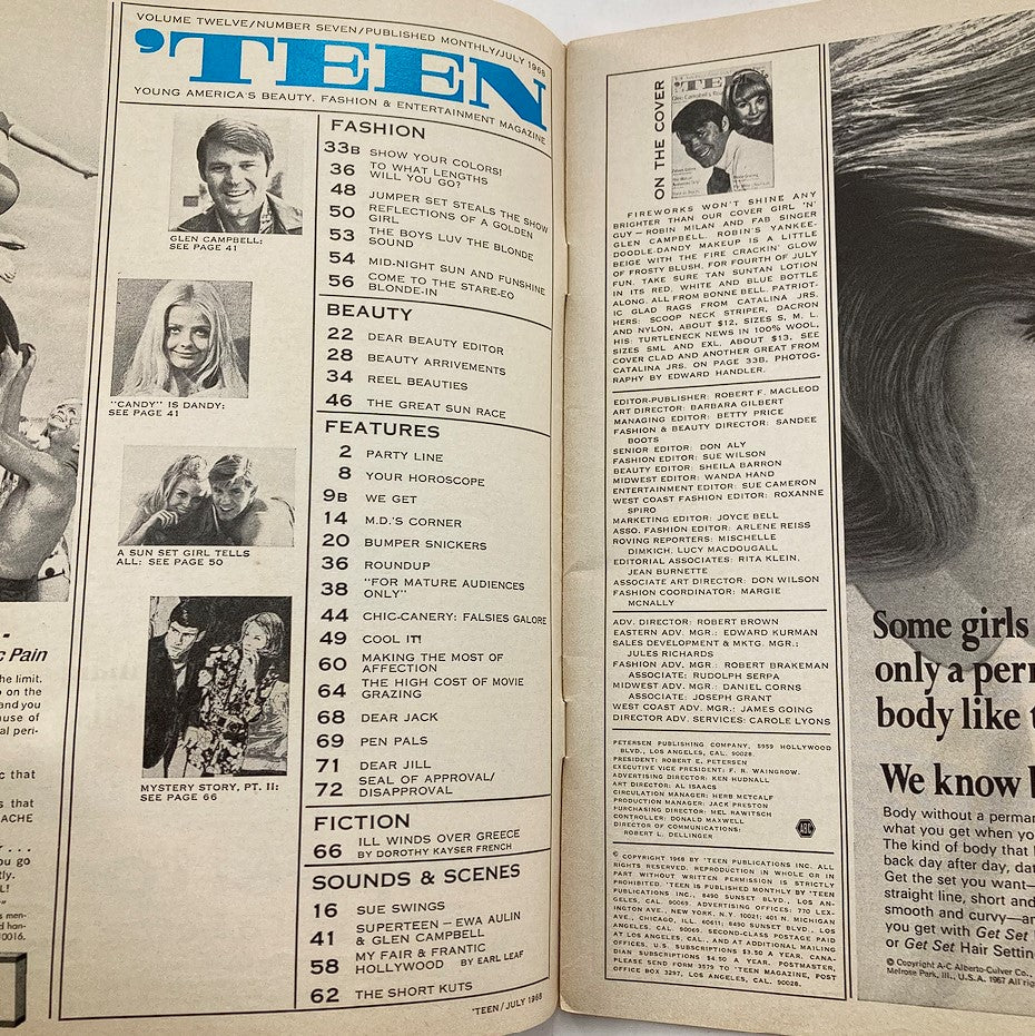 Inside pages of VTG 'Teen Magazine July 1968 showcasing articles, including features on Glen Campbell and advertisements from the era.
