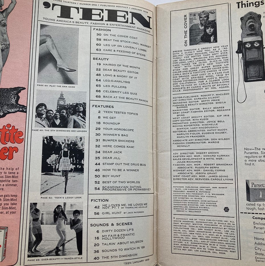 Interior page of VTG 'Teen Magazine January 1969 showcasing fashion and beauty features, including a layout of contents and engaging articles from the era.