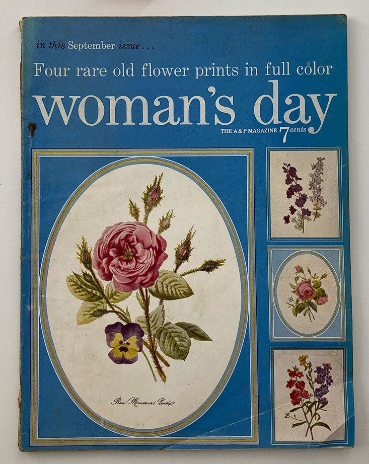 VTG Woman's Day Magazine September 1954 cover showcasing four rare old flower prints in full color, featuring vibrant floral illustrations and a striking blue background.