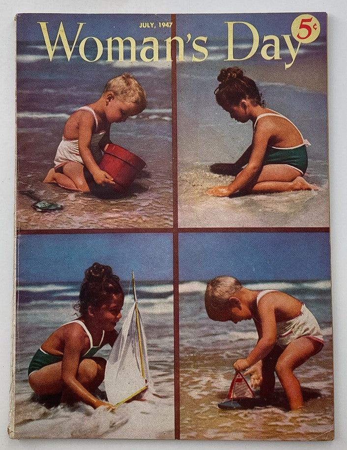 Cover of VTG Woman's Day Magazine July 1947 featuring children playing on the beach, showcasing retro style and summer fun.