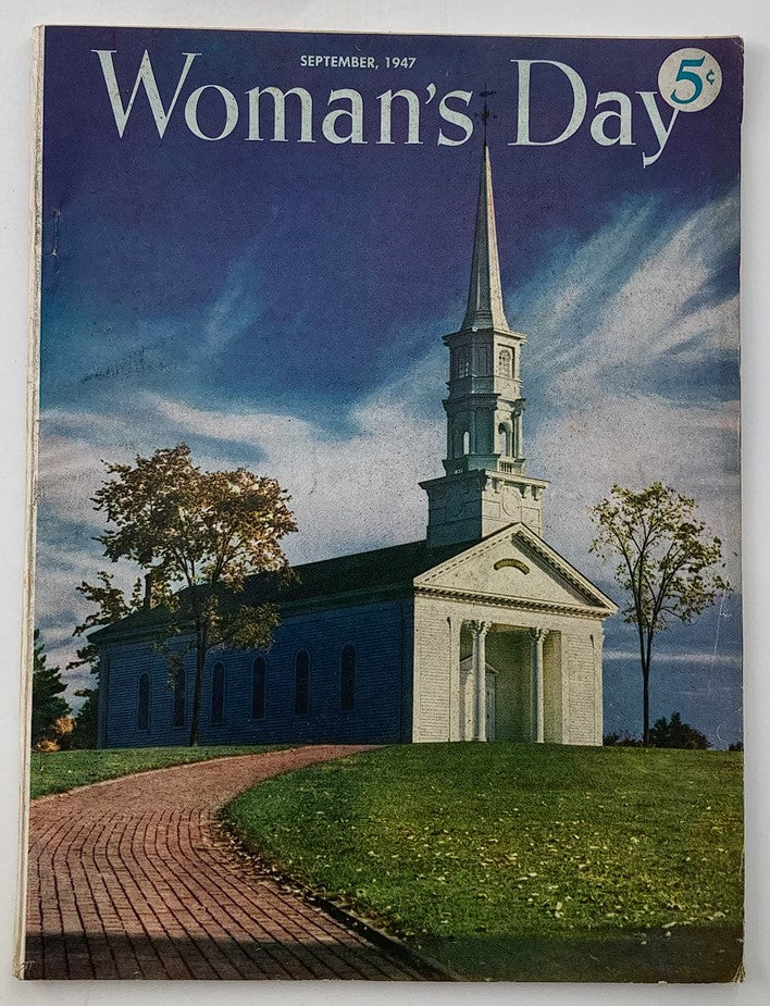 Cover of VTG Woman's Day Magazine September 1947 featuring a church and scenic pathway, showcasing vintage design and historic charm.