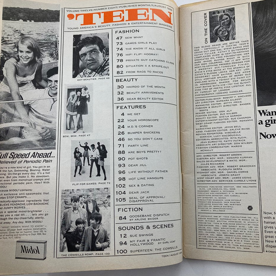 Interior page of VTG 'Teen Magazine August 1968 Vol 12 #8 displaying the table of contents with featured articles, fashion sections, and images, capturing the essence of 1960s teenage culture.