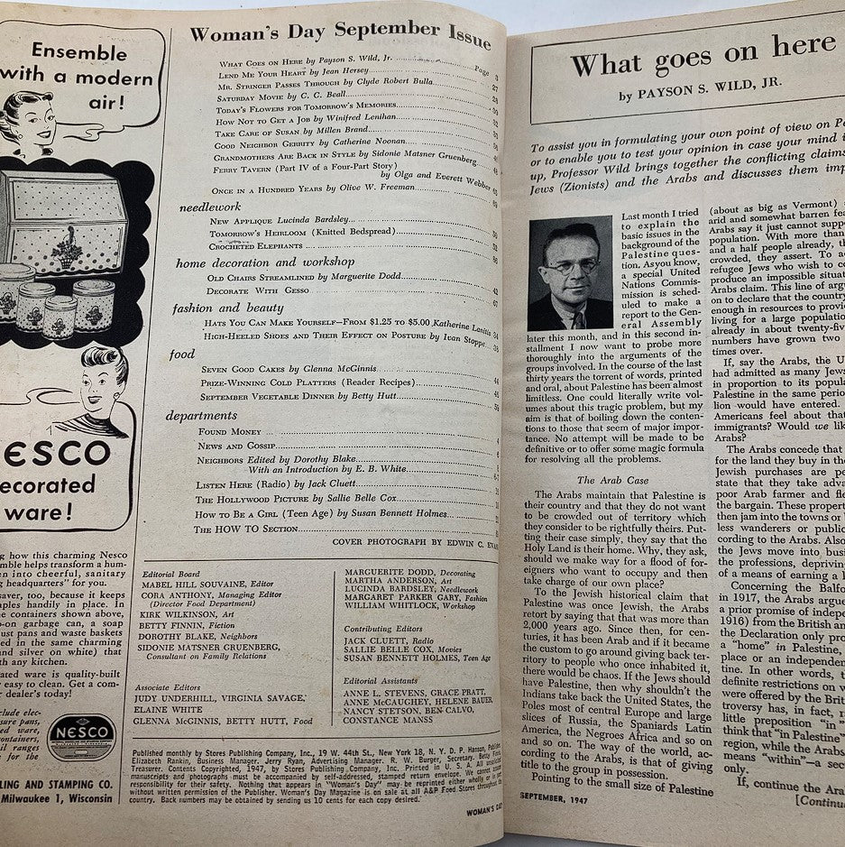 Interior pages of VTG Woman's Day Magazine September 1947 displaying table of contents and articles, reflecting post-war themes and vintage layout.