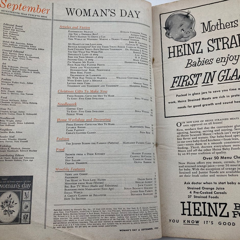 Inside page of VTG Woman's Day Magazine September 1954 showcasing articles, fiction, and advertisements, including flower prints and vintage food advertisements, reflecting mid-20th century lifestyle.