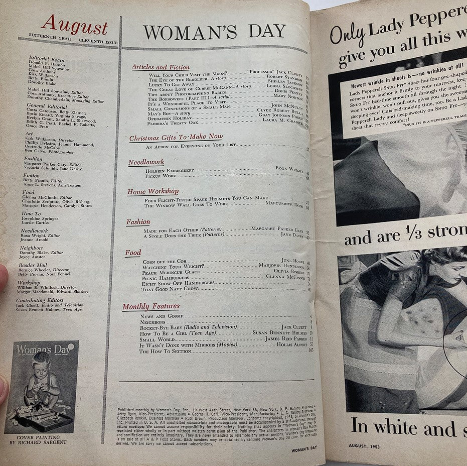 Interior page of VTG Woman's Day Magazine August 1953 The Eye of The Beholder featuring articles and listings for the issue.