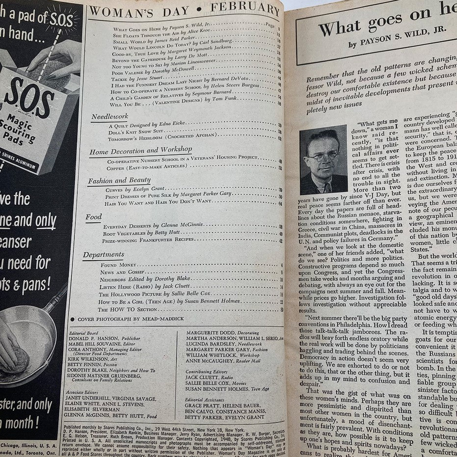 Interior page of VTG Woman's Day Magazine February 1948, displaying the contents and articles including "What Goes on Here?" illustrating the magazine's historical significance.