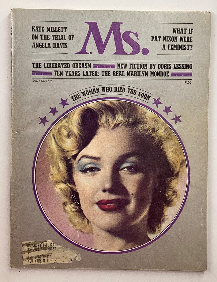 Cover of VTG Ms. Magazine August 1972 Volume 1 Issue 2 featuring Marilyn Monroe with the title 'The Woman Who Died Too Soon' and highlights on feminist topics.