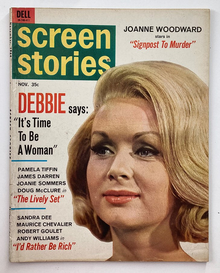 Cover of VTG Screen Stories Magazine November 1964 featuring Joanne Woodward, highlighting her role in 'Signpost to Murder'. The magazine also includes articles and photographs related to classic cinema.