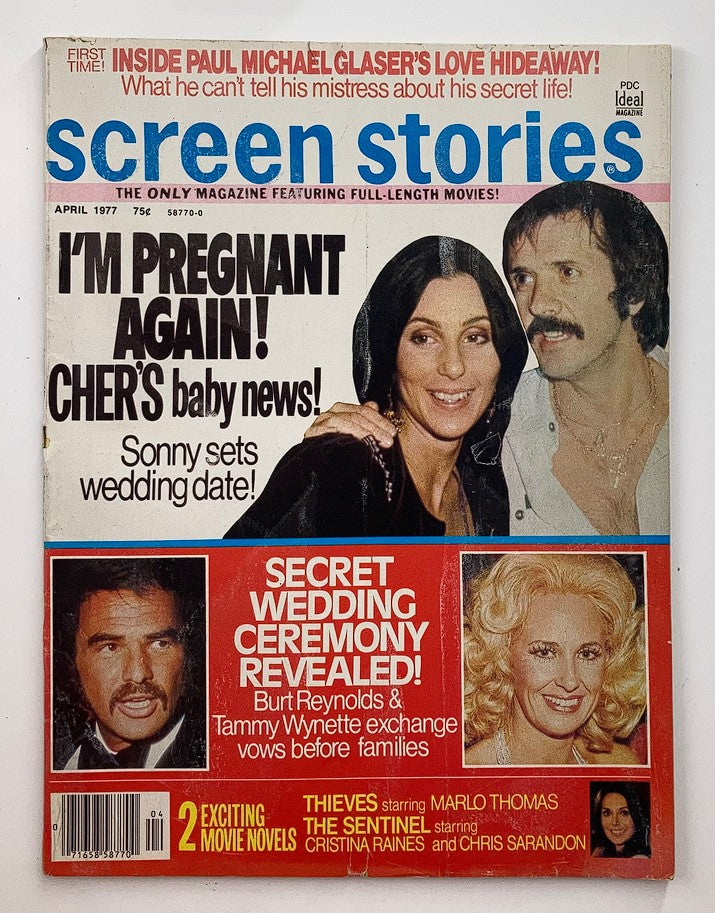 VTG Screen Stories Magazine April 1977 featuring Burt Reynolds and Tammy Wynette on the cover, highlighting stories including Cher's pregnancy news and a secret wedding ceremony.