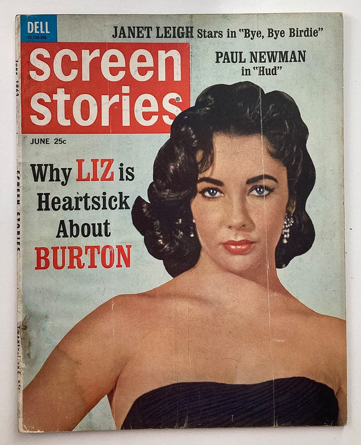 VTG Screen Stories Magazine June 1963 cover featuring Elizabeth Taylor and Janet Leigh, highlighting the issue's star-studded content.