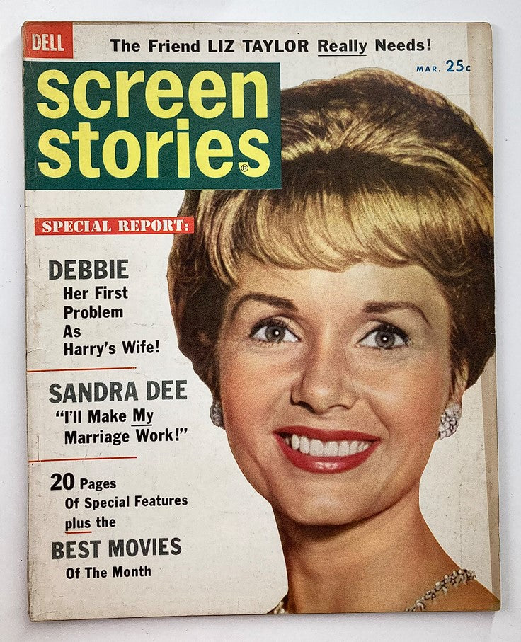 Cover of VTG Screen Stories Magazine March 1961 featuring Debbie Reynolds and Sandra Dee with headlines about their latest roles and special features.