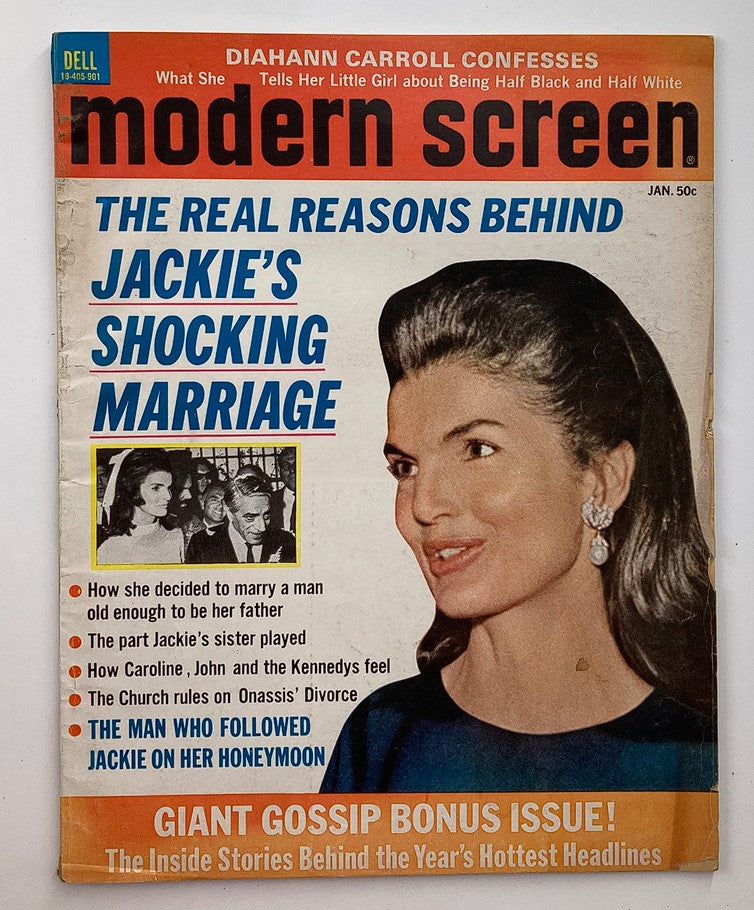 Cover of VTG Modern Screen Magazine January 1969 featuring Jackie Kennedy, highlighting her marriage and gossip stories.