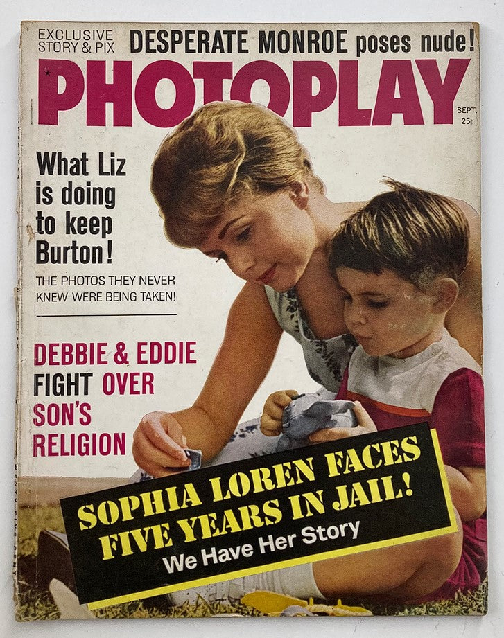 Cover of the VTG Photoplay Magazine September 1962 featuring bold headlines promoting stories about Sophia Loren and Marilyn Monroe, alongside a photo of a woman and a child, embodying the glamour of early 1960s Hollywood.