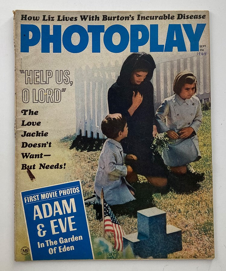 Cover of VTG Photoplay Magazine September 1964 featuring text about Jackie Kennedy and Elizabeth Taylor, along with a vivid image of two children and a woman.