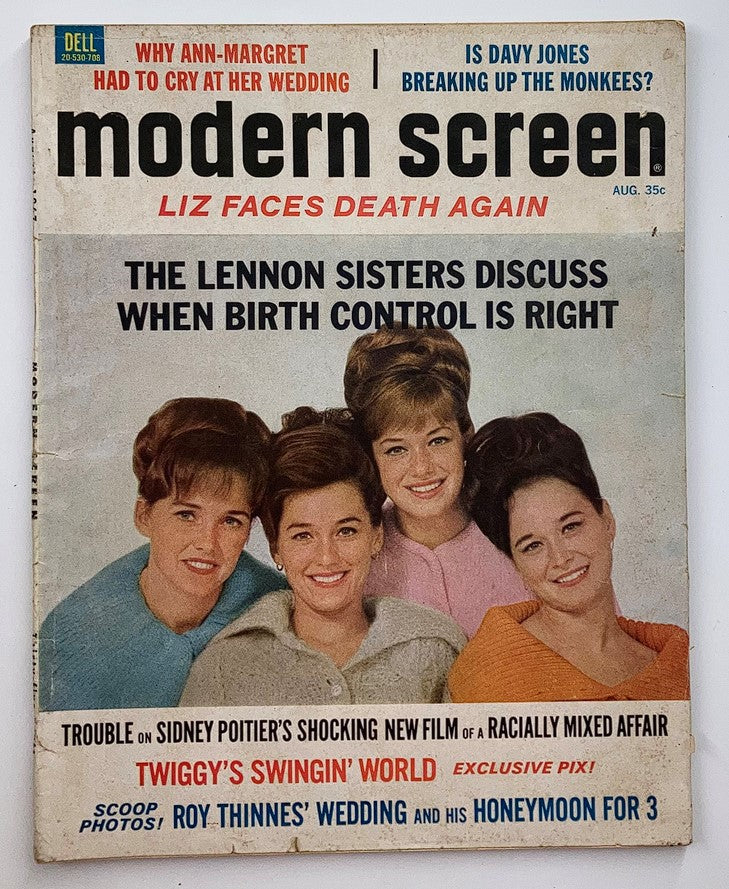 Cover of VTG Modern Screen Magazine August 1967 featuring The Lennon Sisters, discussing topics such as birth control, with vibrant colors and retro design.