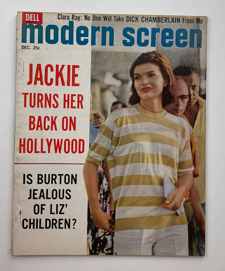 VTG Modern Screen Magazine December 1962 featuring Jacqueline Kennedy on the cover, showcasing her style with the headline 'Jackie Turns Her Back on Hollywood'. A collectible vintage magazine from the early 1960s.