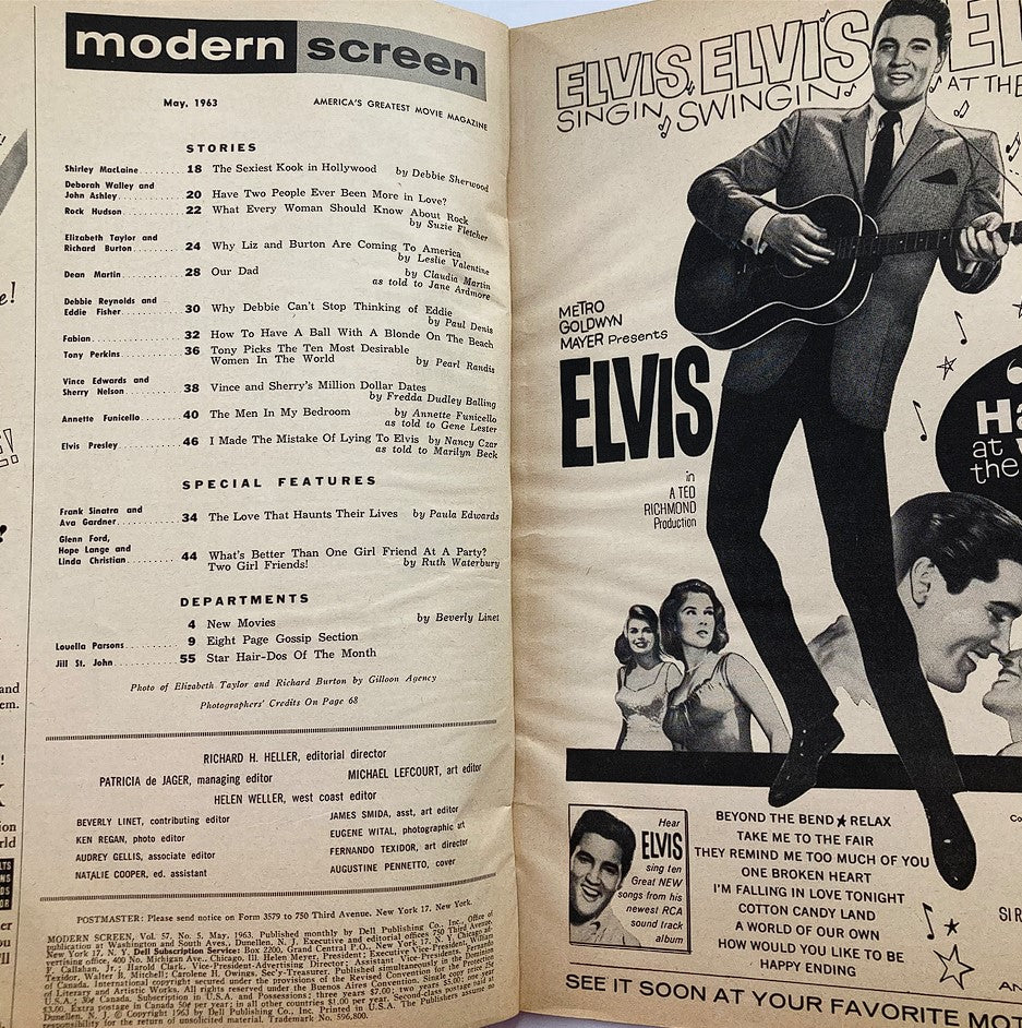 Page from VTG Modern Screen Magazine May 1963 showcasing articles and featured stories including Liz Taylor and Richard Burton, alongside advertisements related to Elvis Presley and classic cinema.