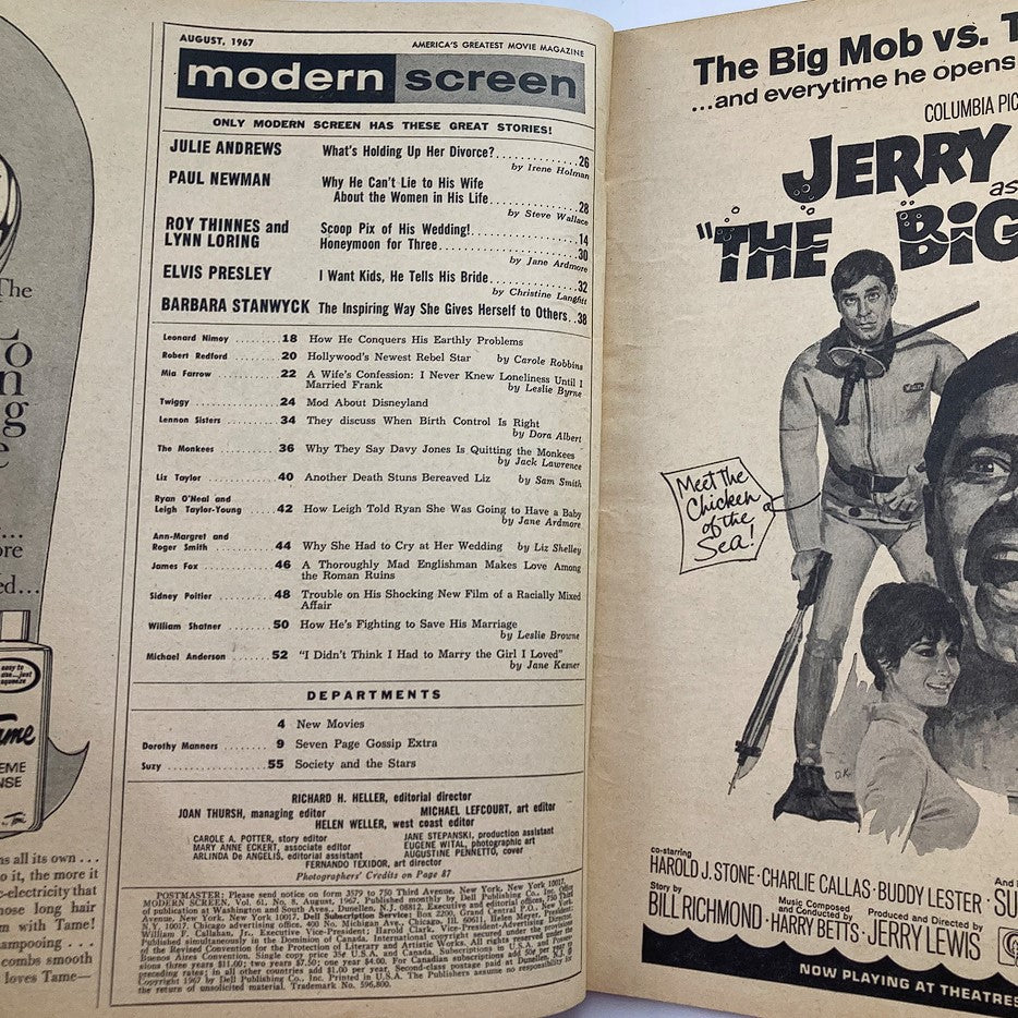 Inside page of VTG Modern Screen Magazine August 1967 showcasing articles and features including Roy Thinnes' wedding and Elvis Presley, highlighting the magazine's diverse content.