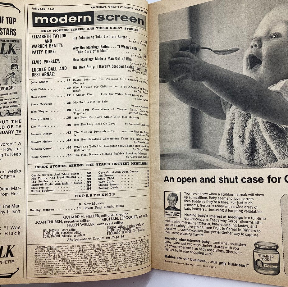 Interior page of VTG Modern Screen Magazine January 1969 showcasing contents and articles, including stories on Jackie Kennedy and popular celebrities.