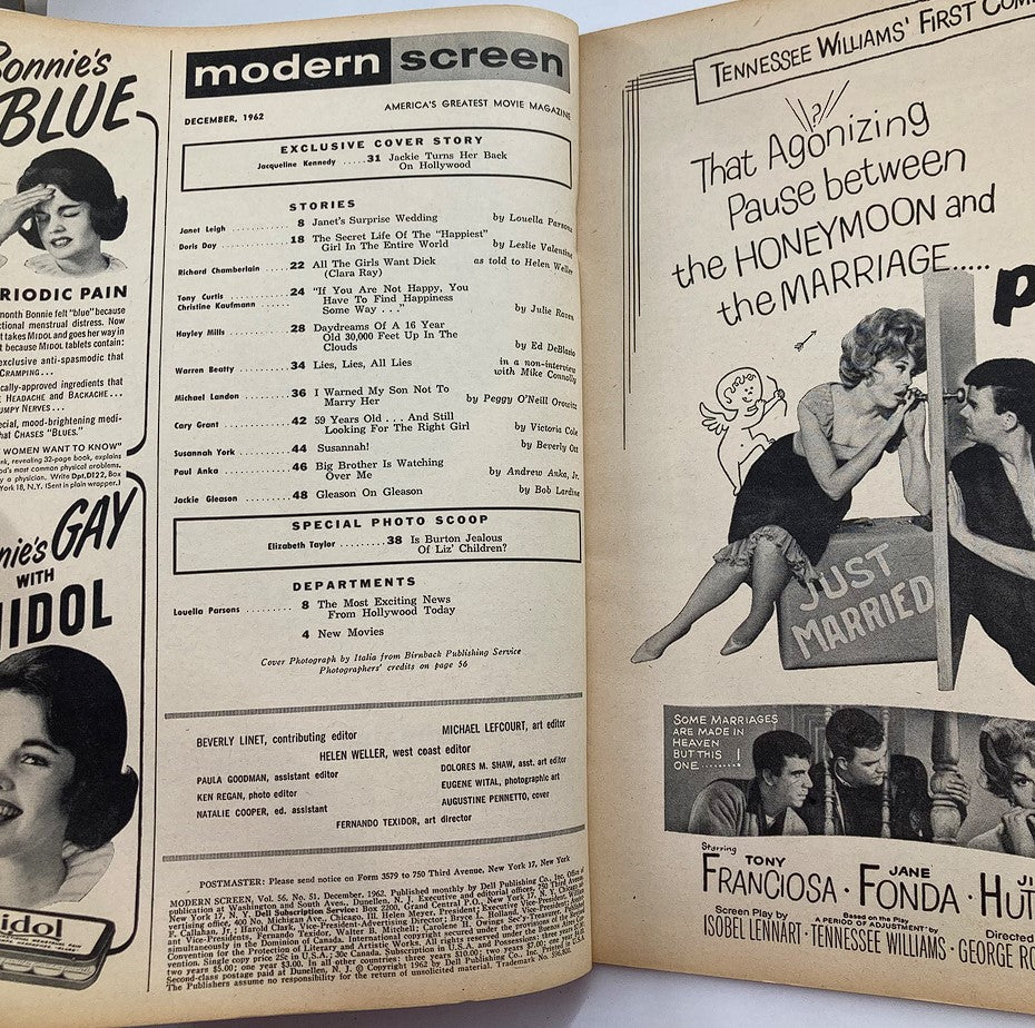 Inside page of VTG Modern Screen Magazine December 1962, detailing articles and stories including an exclusive cover story on Jacqueline Kennedy, reflecting the cultural context of the early 1960s.